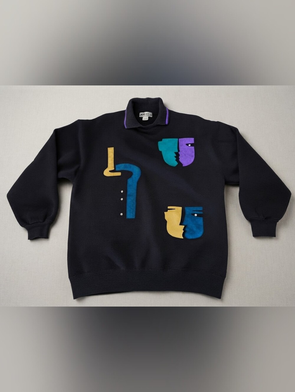Vintage 90s BDOTI Abstract Face Suede Applique Sweatshirt Streetwear Retro
